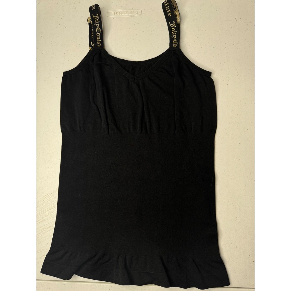 Juicy Couture Black Camisole Top Gold Logo Straps Ruffle Hem Y2K Knit Tank